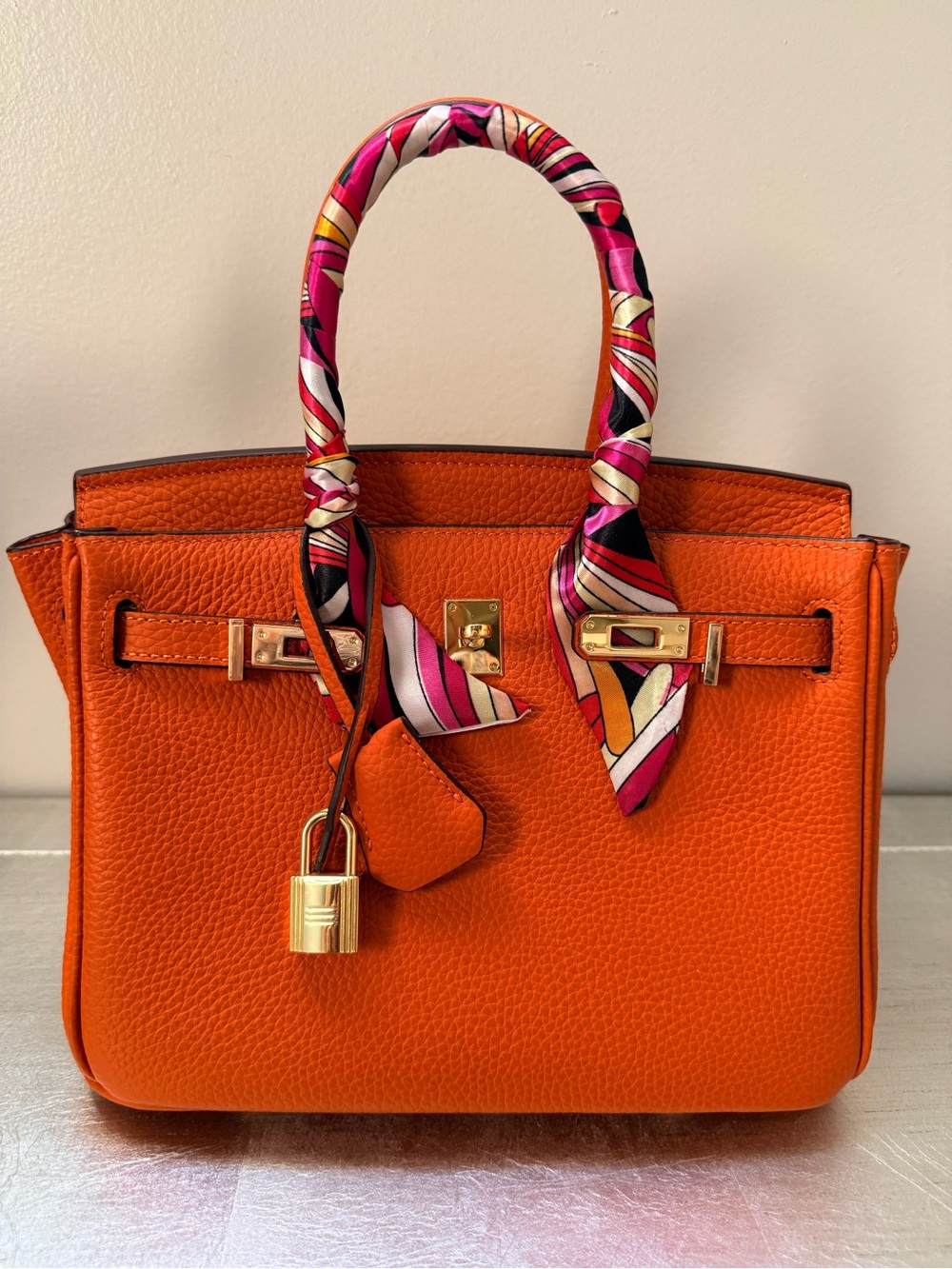 Walmart Birkin… Orange Leather Top-Handle Satchel with Pink Scarf Accent